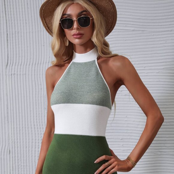 Color Block Halter Neck Knit Dress - Picture 1 of 8